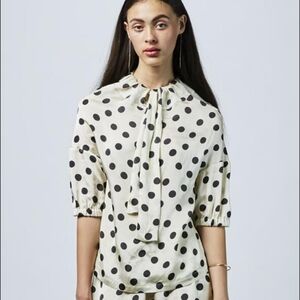 Hache Bow Collar Dot Reverse High Hi Low Lo Elbow Sleeve Blouse Shirt Top NWT 40